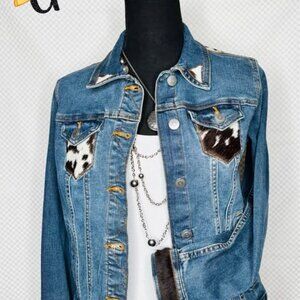UpCycled Western jean jacket w.brown/cream genuine cowhide XS